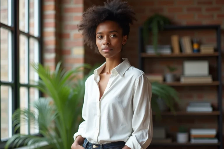 Jeune femme métisse au regard calme et discret, photographiée en portrait éditorial dans un appartement urbain chaleureux