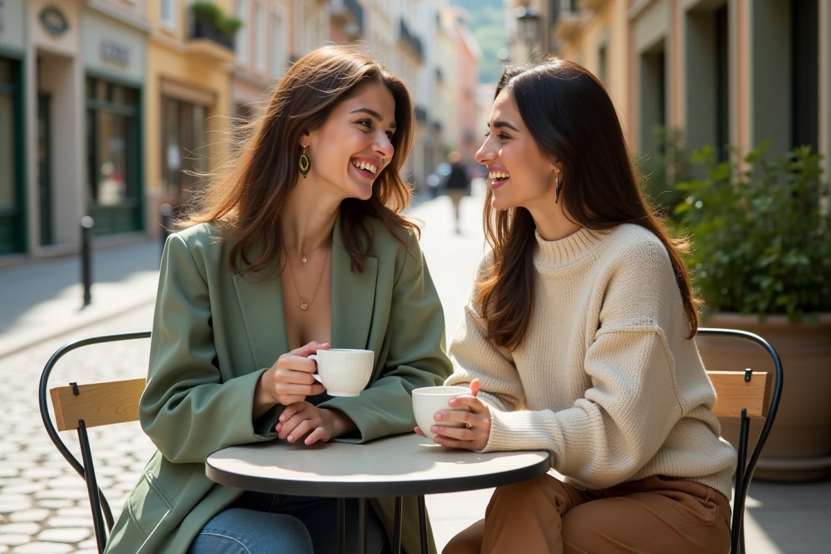 Deux jeunes femmes en terrasse de café partageant un moment complice, évoquant une relation fraternelle discrète loin des projecteurs
