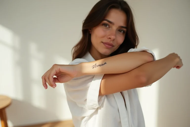 Tatouage prénom en lettres cursives sur l'avant-bras d'une jeune femme, style minimaliste encre noire