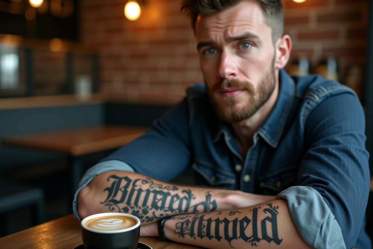 Tatouage prénom en gothique blackletter sur l'avant-bras d'un homme dans un café urbain