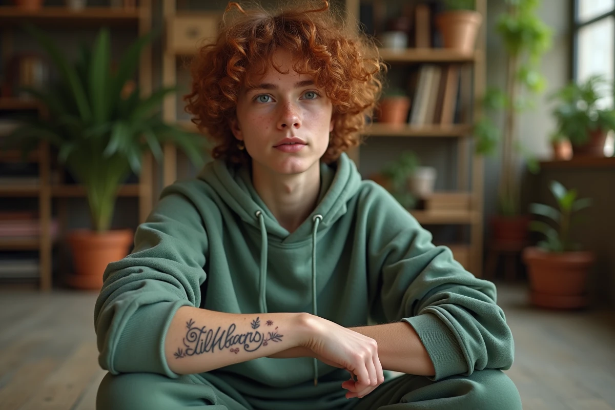 Tatouage prénom botanique fine line sur l'avant-bras dans un studio créatif, style artistique