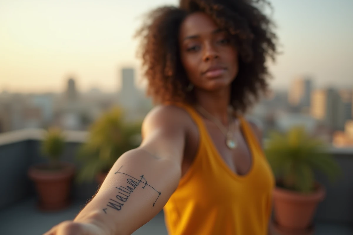 Tatouage prénom géométrique minimaliste sur l'avant-bras d'une femme sur un rooftop urbain