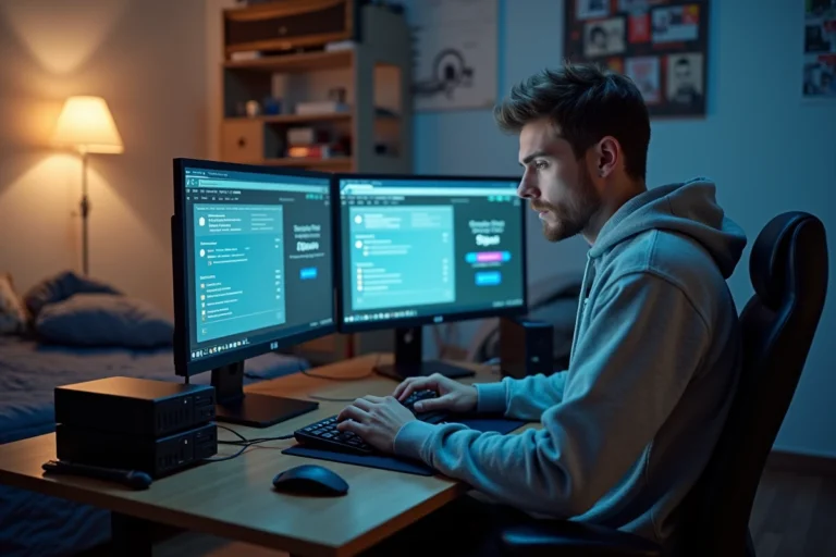 Jeune homme naviguant sur un site de téléchargement illégal depuis son bureau à domicile avec plusieurs disques durs externes