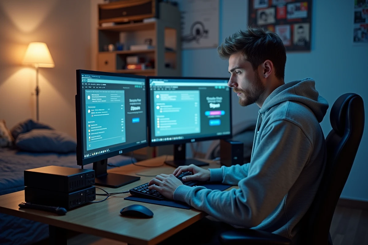Jeune homme naviguant sur un site de téléchargement illégal depuis son bureau à domicile avec plusieurs disques durs externes