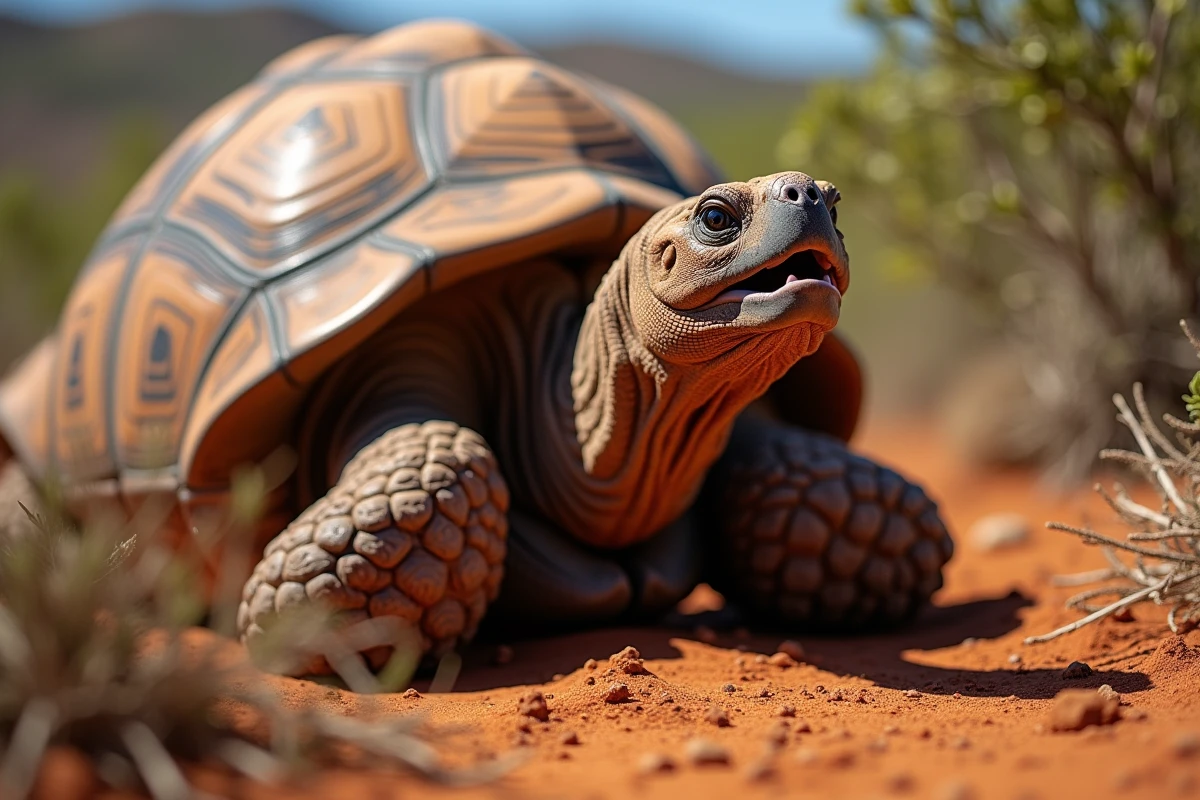 Gros plan sur le cou et la gorge d'une tortue des Galápagos illustrant son anatomie respiratoire dans un habitat aride