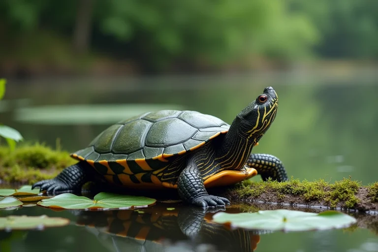 Tortue à tempes rouges sortant la tête de l'eau pour respirer sur un rocher moussu au bord d'un étang naturel