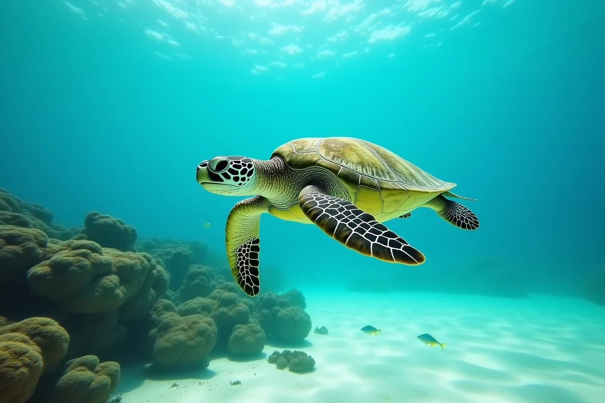 Tortue verte nageant sous l'eau près d'un récif corallien avec des bulles d'air près des narines illustrant sa respiration aquatique